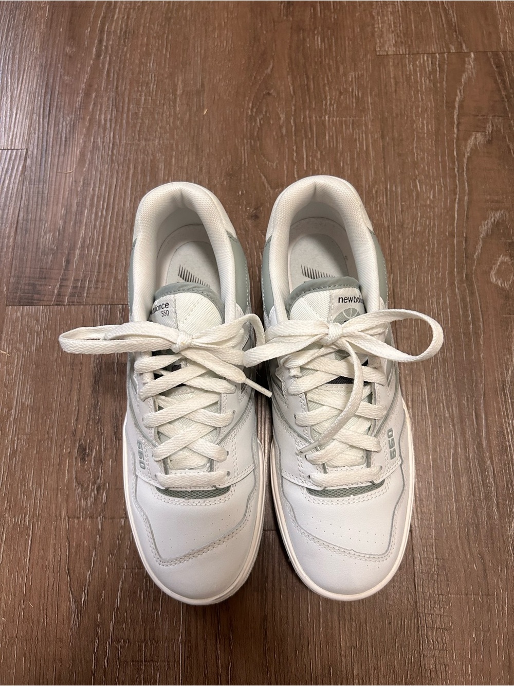 New Balance 550 White and Light Sage Leather Sneakers